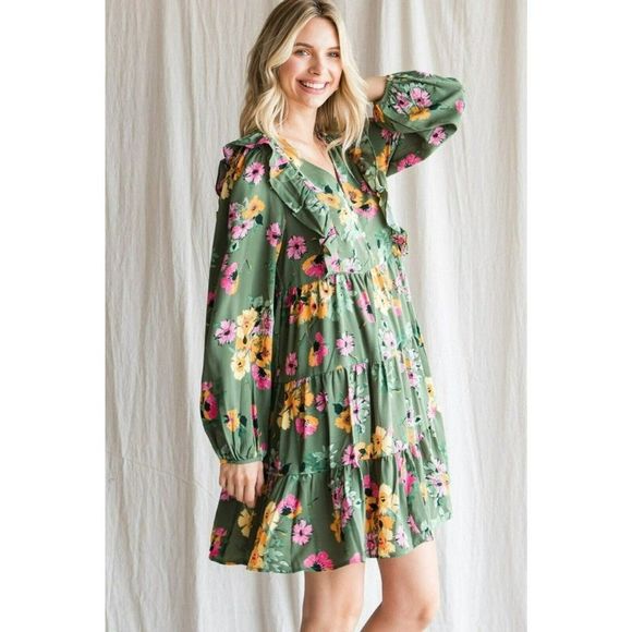 JODIFL Emerald Green Floral Print Dress Buttons Ruffled Fall New S-L H20347 - Picture 5 of 6